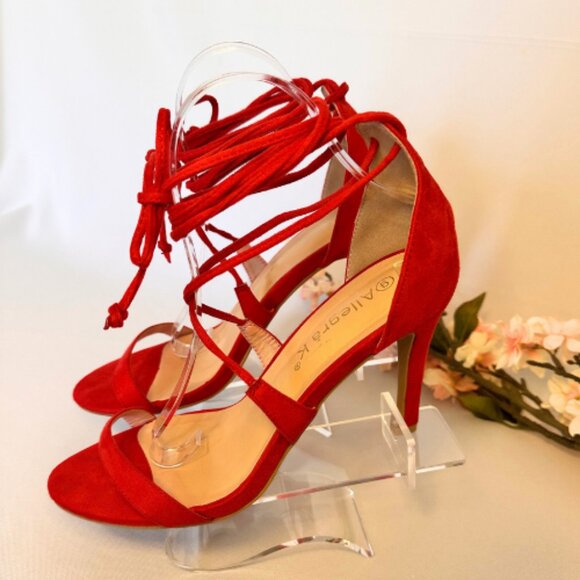Red Lace-Up Strappy Sandals, Size 9 - Picture 1 of 10